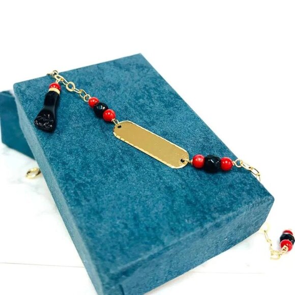 New Baby ID Bracelet Azabache Diamont Cut Solid Gold 14K 6.25" Cable Link - Picture 2 of 7